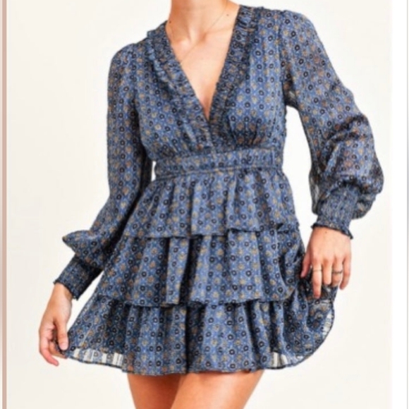 Reset By Jane Dresses & Skirts - RESET Blue Floral Ruffle Tiered Mini Dress Long Sleeve Boho Dress Size S